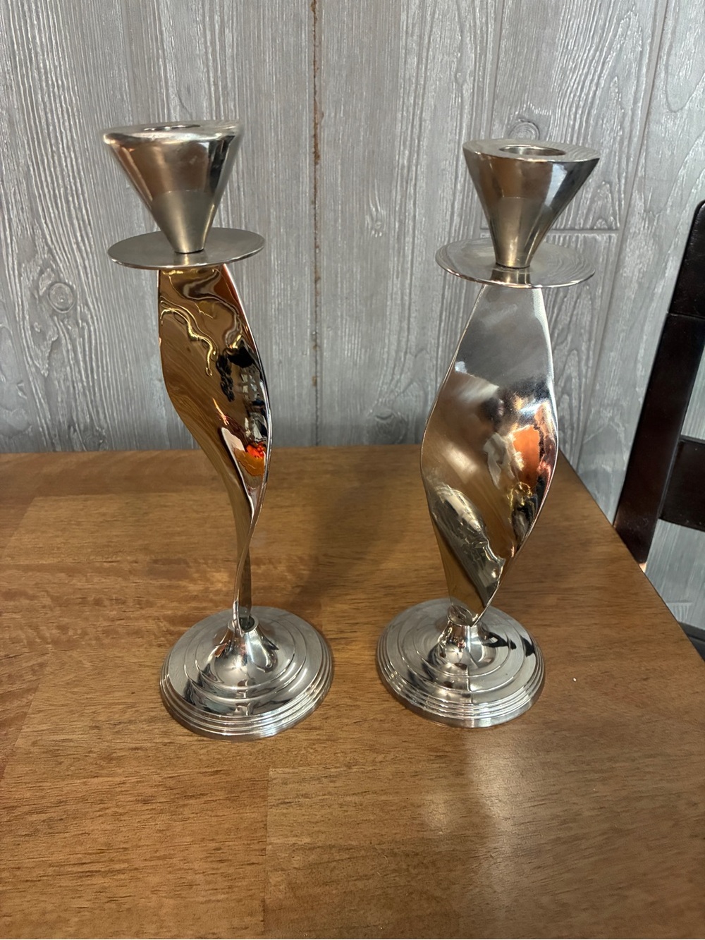 Polished Silver Twist Metal Candle Holders - Pair